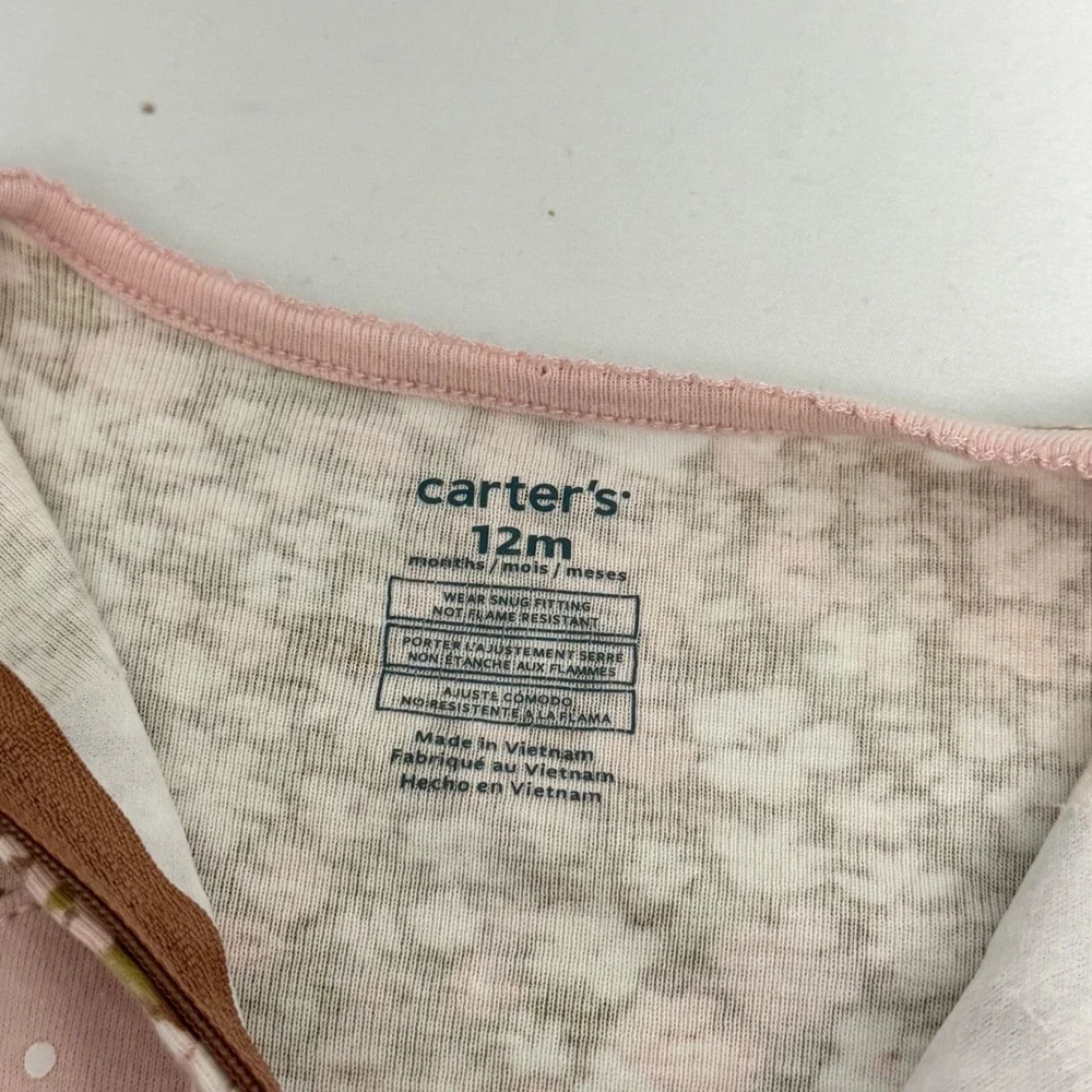 Carters 12M Pink Floral Heart Footed Pajamas‎ Zip Up Sleep Play Cotton